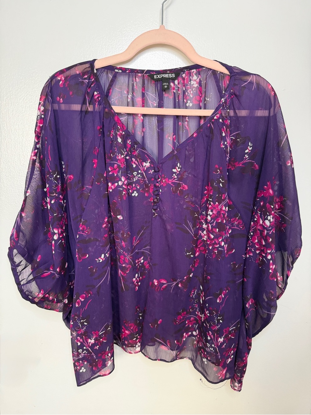 Express Purple Sheer Blouse with Pink Flower Accents